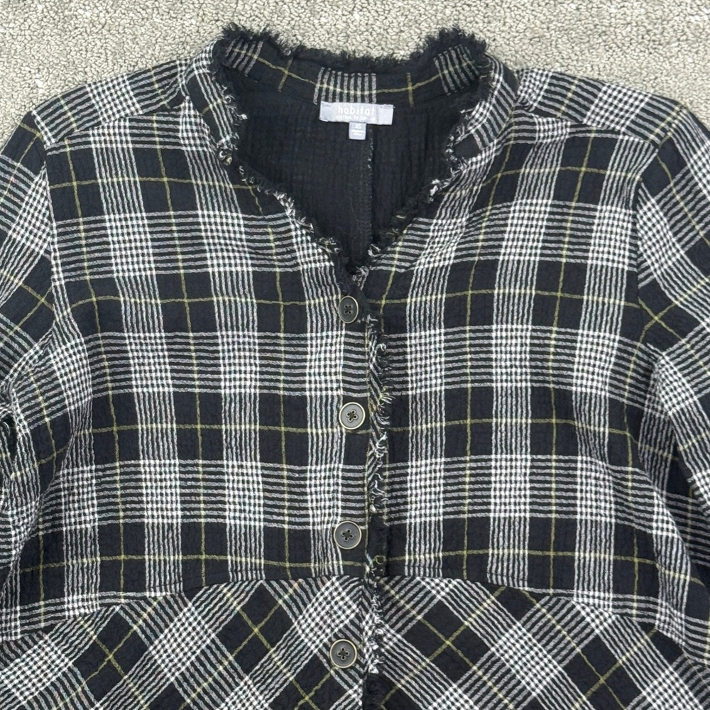 Habitat Button Down Shirt Womens XS Black Plaid Fringe Trim Boho Lagenlook Tunic